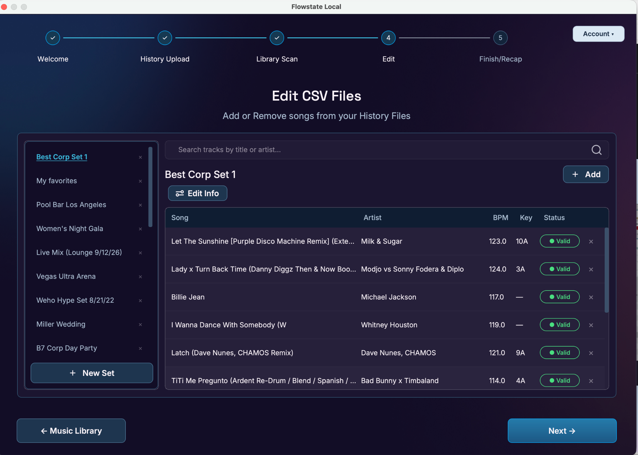 Updated Flowstate Edit Mode showing populated setlists, songs, artists, BPM and keys