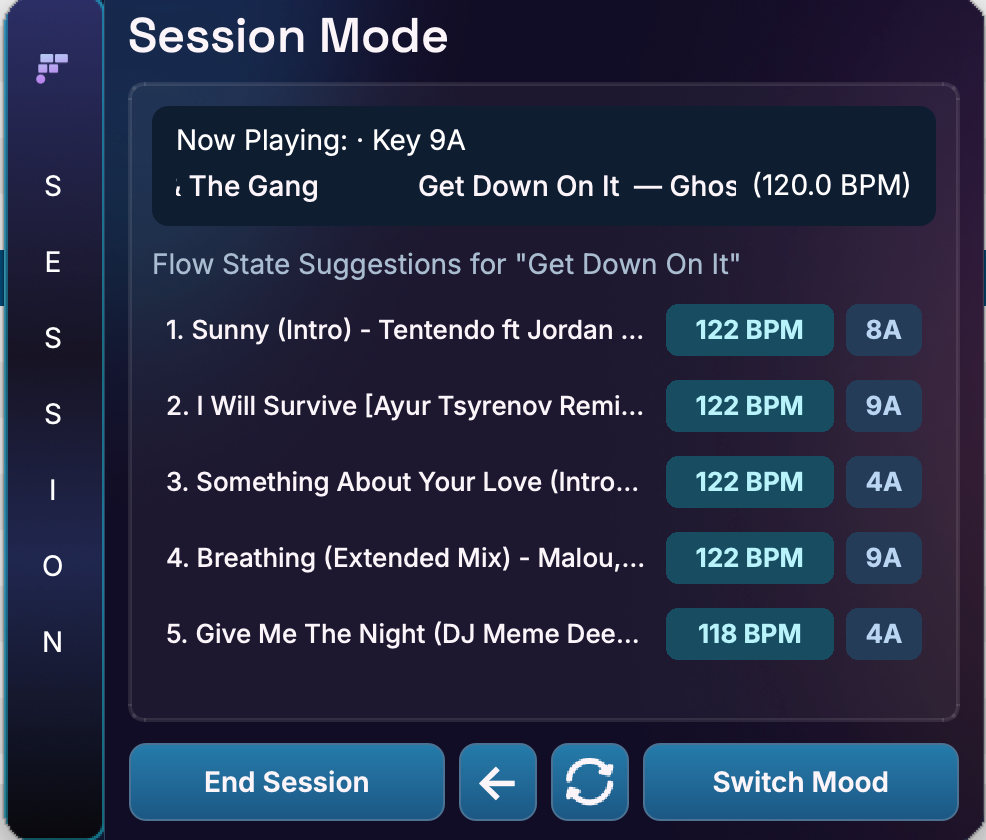 Actual Flowstate DJ Session Mode showing a playing track and five suggested songs with BPM and musical keys