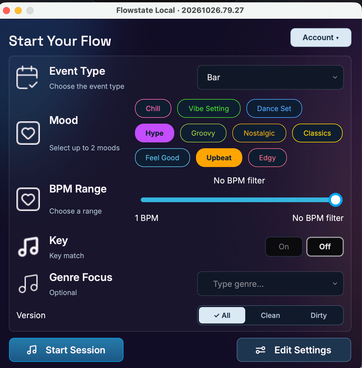Updated Start Your Flow settings showing event type, mood, BPM, key, genre and clean or dirty version controls